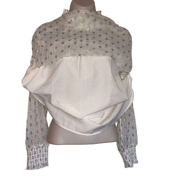 NWT Loft White and Gold Metallic Petite Ruffle Smocked Lined Sheer Blouse-Medium - Picture 9 of 13
